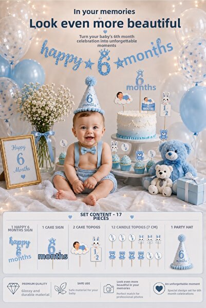 Bkmc 6 Month Birthday Party Set 17 Pieces – Happy 6 Months Cake Decoration Bi...
