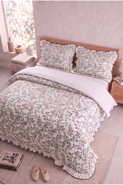 Zühre Home Ruffled, Striped Floral Patterned Double Duvet Cover Set |   200X2...