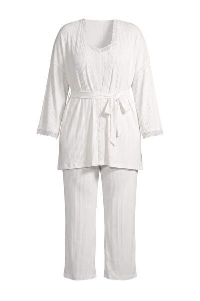 Trendyol Curve White 3-Piece Dressing Gown Plus Size Pajamas Set Tbbaw27Ai00046