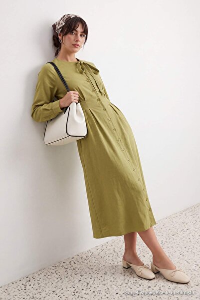Trendyol Modest Khaki Button Detailed Maxi Woven Hijab Shirt Dress Tctaw27Eb0...