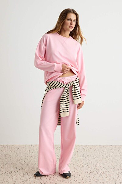 Trendyol Collection Pink Oversize Fit Wide Leg Knitted Sweatshirt/Bottom Swea...