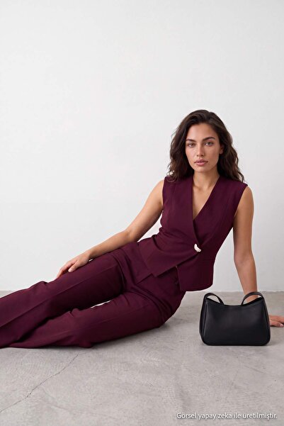 Trendyol Collection Plum Button Detailed Sleeveless Vest Trousers Woven Botto...