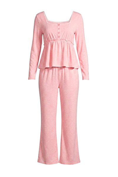 Trendyol Collection Pink Melange Cotton Lace Detailed Knitted Pajama Set Thma...
