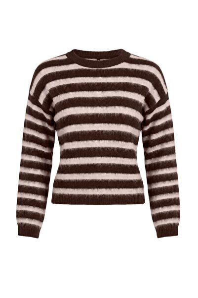Trendyol Collection Brown Striped Oversize Crew Neck Soft Beret Knitwear Swea...