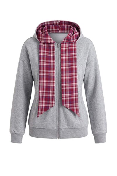 Trendyol Collection Cardigan/Sweatshirt tricotat cu glugă, în carouri, gri me...