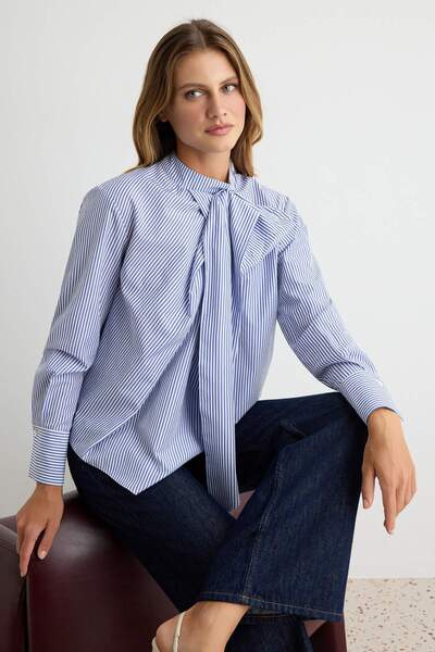 Trendyol Collection Blue Collar Detailed Striped Blouse Twoaw27Bz00278