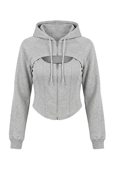 Trendyol Collection Gray Melange Fitted/Slim Fit Hooded Knitted Cardigan/Swea...
