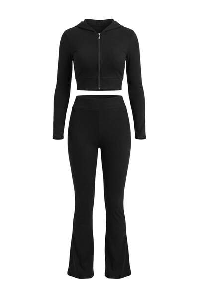 Trendyol Collection Black Fitted/Slim Fit Hooded Spanish Leg Stretch Knitted ...