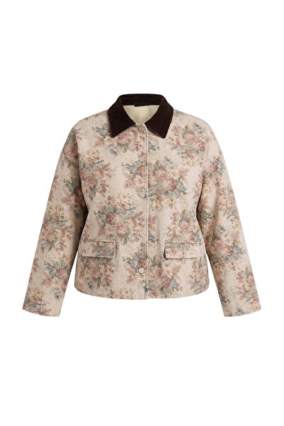 Trendyol Curve Multi-Colored Floral Pattern Lapel Detailed Denim Jacket Tbbaw...