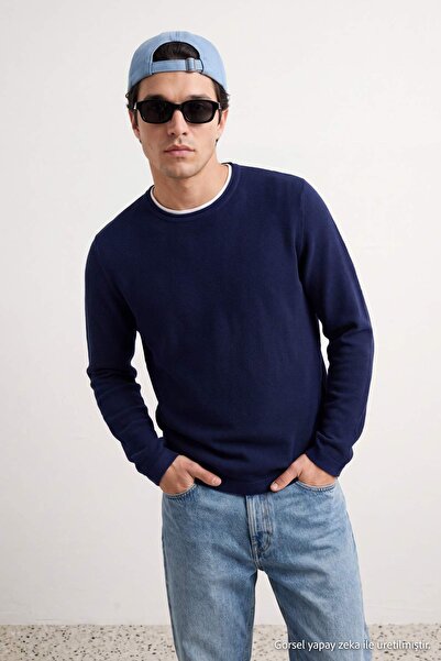 Trendyol Collection Navy Blue Regular/Normal Cut Textured Collar Detailed Kni...