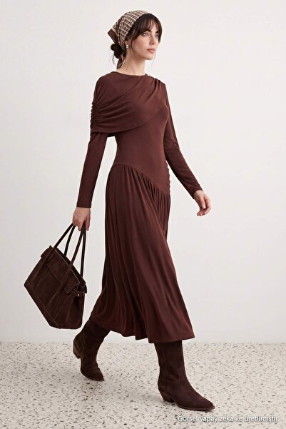 Trendyol Collection Brown A-Line/A-Line Form Shirred/Drape Detailed Unlined K...