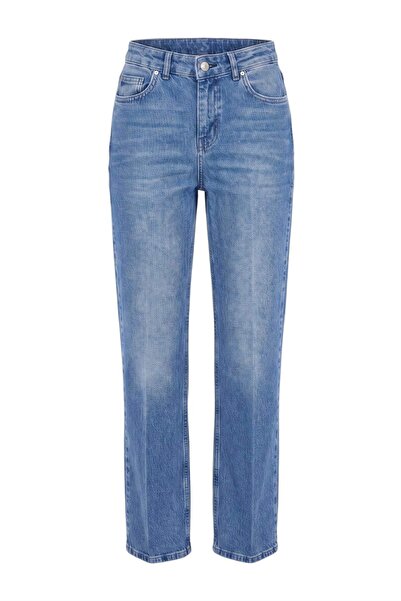 Trendyol Collection Mavi Az Slight Stretch Iron Trace High Waist Straight Jea...