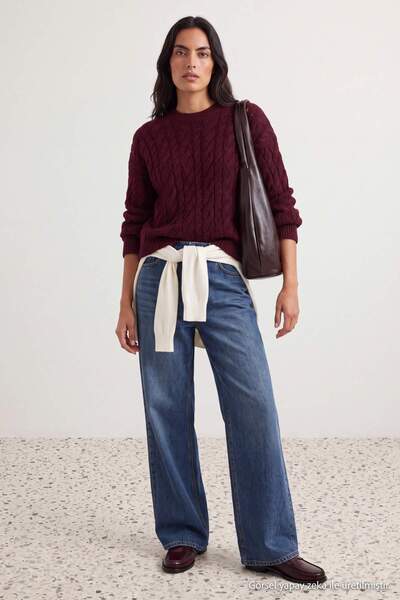 Trendyol Collection Burgundy Wide Fit Soft Textured Wide Fit Knitwear Sweater...