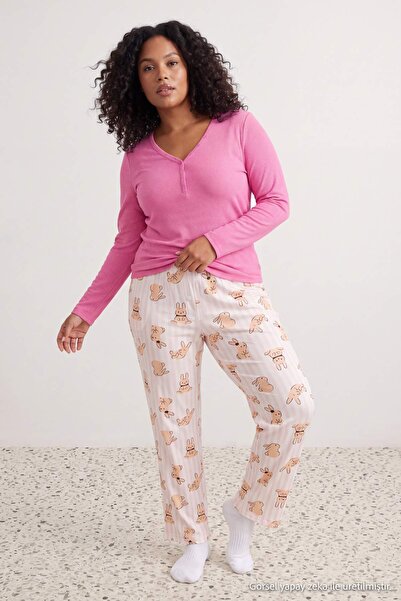 Trendyol Curve Pink Rabbit Patterned Knitted Large Size Pajamas Set Tbbaw27Ai...