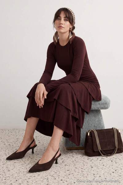 Trendyol Collection Brown Skater/Waist Open Ruffle Unlined Knitted Hijab Dres...
