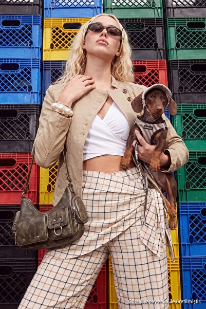 Trendyol Collection White-Multicolor Scarf Plaid Wide-Leg Trousers Twoss26Pl0...