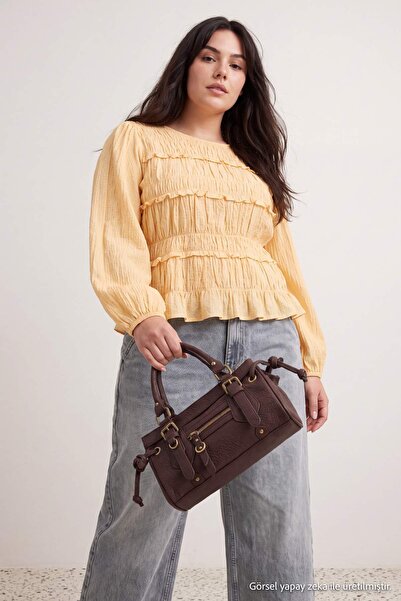 Trendyol Curve Yellow Seersucker Balloon Sleeve Woven Plus Size Blouse Tbbaw2...