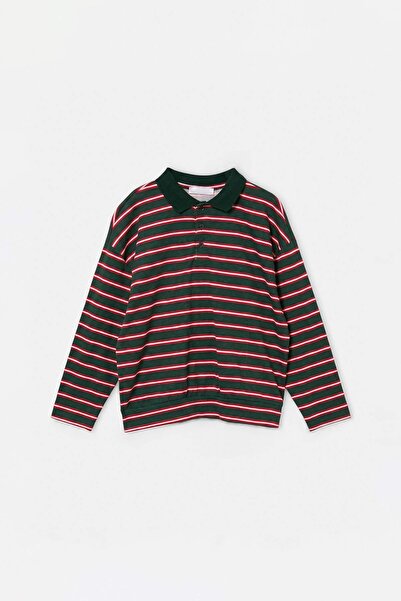 TRENDYOLKIDS Green Boy's Polo Collar Striped Knitted T-Shirt Tkdaw27Ts00006