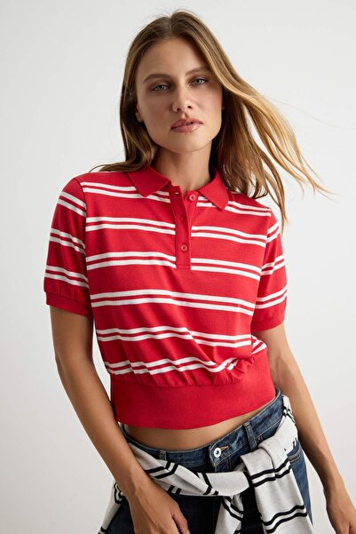 Trendyol Collection Red Striped Polo Collar Buttoned Short Sleeve Regular Fit...