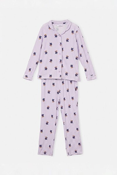 TRENDYOLKIDS Lila, weich strukturiertes, gemustertes Hemdkragen-Strickpyjama-...