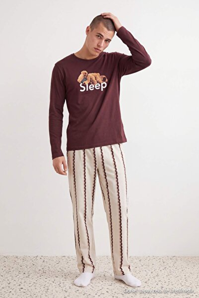 Trendyol Collection Brown Regular Fit Teddy Bear Printed Knitted Pajama Set T...