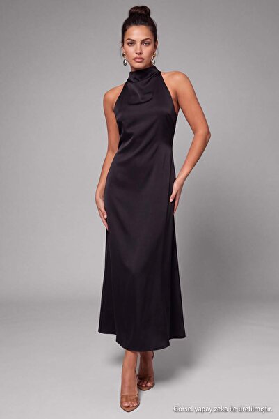 Trendyol Kollektion Schwarzes Shift/Flat-Cut-Maxikleid aus gewebtem Satin TPR...