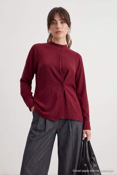 Trendyol Modest Βουργουνδί υφαντό τουνίκ με λεπτομέρεια κουμπιών λίλιουμ σε μ...