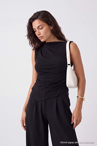 Trendyol Collection Black Gathered Detailed Asymmetrical Woven Blouse Twoaw27...