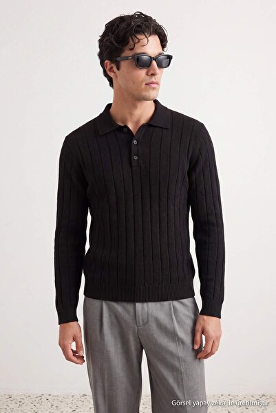 Trendyol Collection Black Regular/Normal Cut Line Textured Thick Polo Neck Kn...