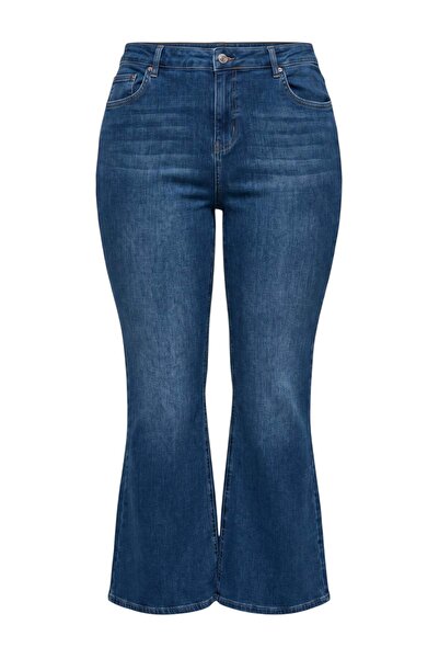 Trendyol Curve Dark Blue Draped High Waist Medium Stretch Flare Jeans Tbbaw27...