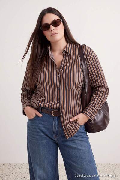 Trendyol Curve Yellow-Brown Striped Woven Oversized Shirt Tbbaw27Ax00005