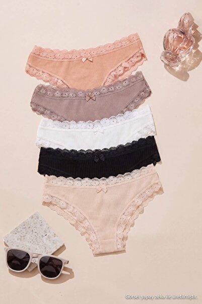 Trendyol Collection Brown-Multicolor 5-Piece Cotton Ribbed Lace Detailed Braz...