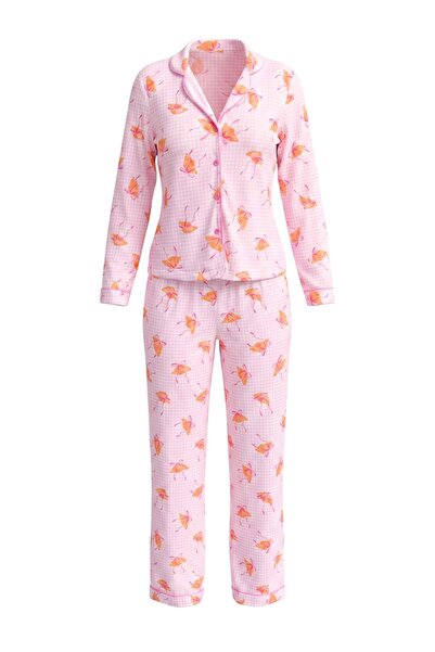 Trendyol Collection Pink 100% Cotton Ribbed Croissant Patterned Knitted Pajam...