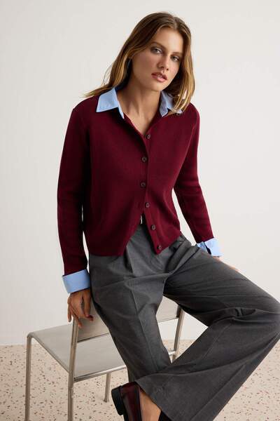 Trendyol Collection Burgundy Sleeve Detailed Shirt Decorated Knitwear Sweater...