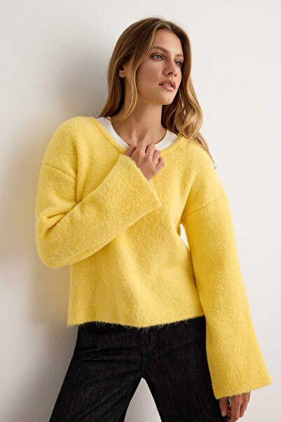Trendyol Collection Yellow Thick Tok Look Soft Textured Knitwear Sweater Twoa...