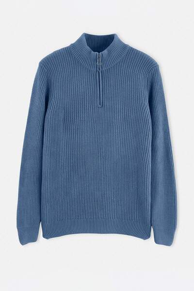 Trendyol Kollektion Blauer, lässiger, normaler Strickpullover mit halbem Roll...