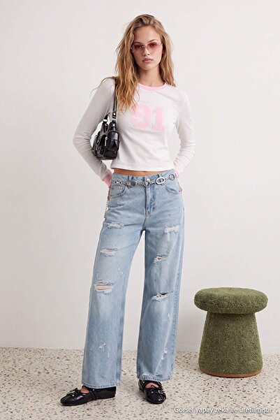 Trendyol Collection Blue Stone and Ripped Detailed Regular Waist Wide Leg Jea...