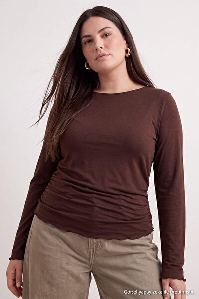 Trendyol Curve Brown Plain Fitted/Fitted Bodycon Gathered Detailed Stretch Kn...