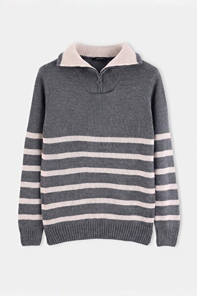 Trendyol Collection Grey-Beige Regular/Normal Cut Striped High Neck Knitwear ...