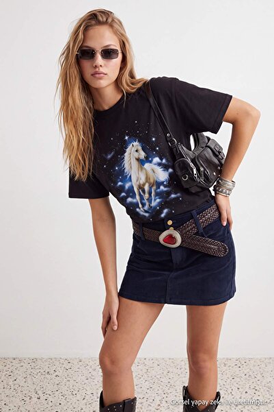 Trendyol Collection Black 100% Cotton Horse Printed Crew Neck Oversize Low Sl...