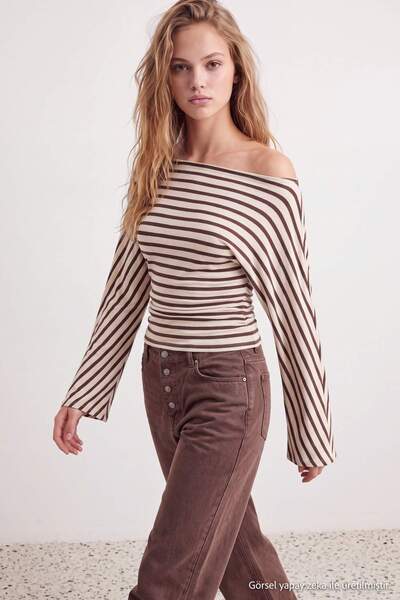 Trendyol Collection Multi-Colored Striped Fitted Bat Sleeve Waist-Fitted Visc...