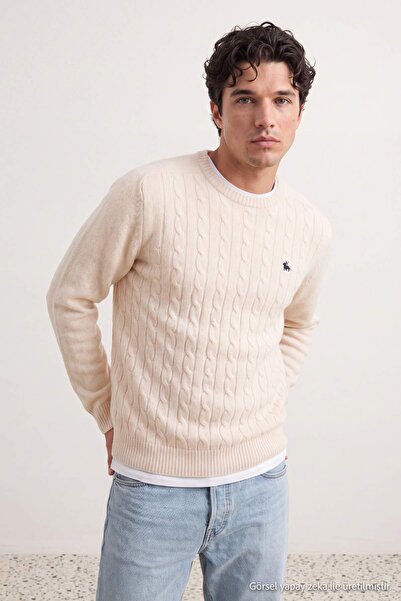 Trendyol Collection Ecru Regular/Normal Cut, cu gât tip crew, broderie cu ani...