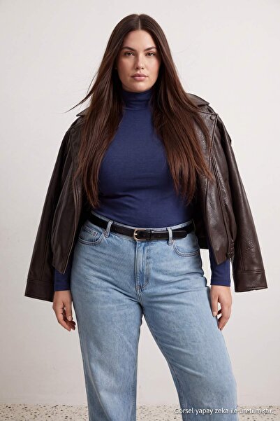 Trendyol Curve Navy Blue Soft Fabric Turtleneck Fitted/Flex Knitted Blouse Tb...