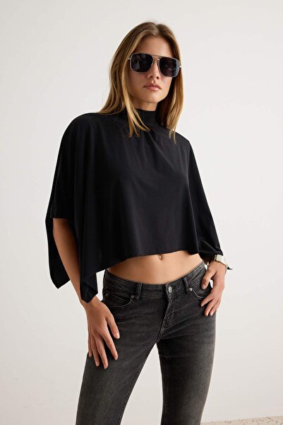 Trendyol Collection Black Plain Oversize High Neck Bat Sleeve Crop/Short Sand...