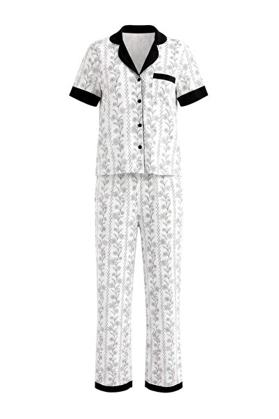 Trendyol kolekcija Crno-beli 100% pamučni pleteni pidžama set sa cvetnim uzor...