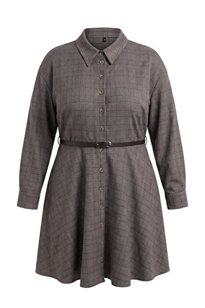 Trendyol Curve Brown Woven Plus Size Dress Tbbaw27Ah00007