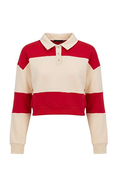 Trendyol Collection Red-Stone Thick Color Block Polo Collar Slogan Embroidere...