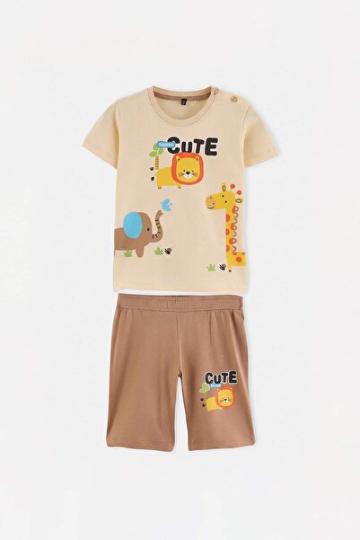 TRENDYOLKIDS Braun bedrucktes Strick-Oberteil - Unterteil-Set TKDSS26AU00105
