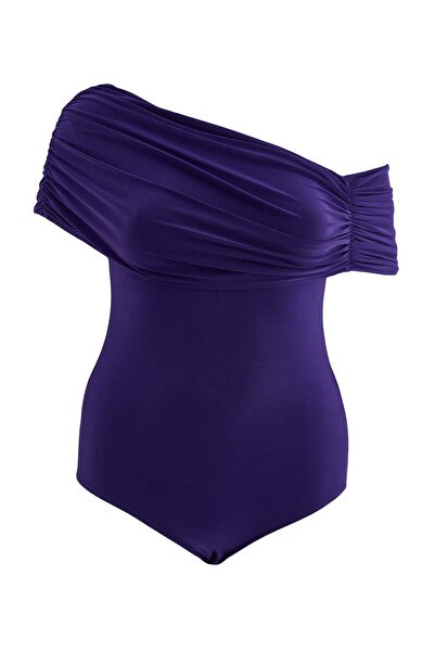 Trendyol Curve Purple Asymmetric Collar Gathered Detailed Snap Fastener Knitt...