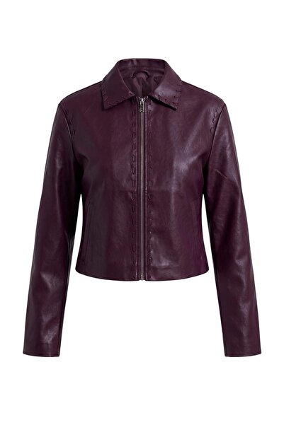 Trendyol Collection Burgundy Regular Fit Faux Leather Jacket with Stitching D...